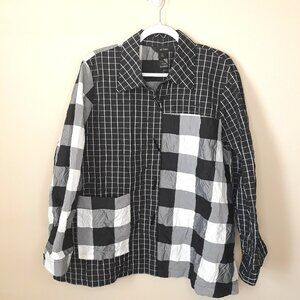 Ali Miles Mixed Print Plaid Check Button Down Top XL Artsy Art to Wear